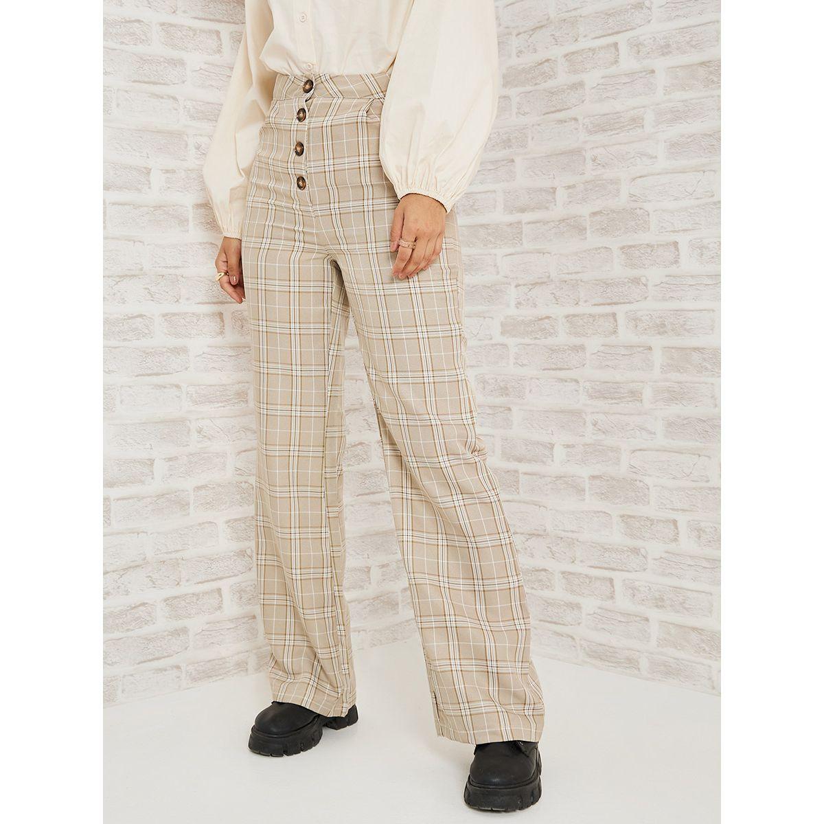 Styli Checked Plaid Button-Fly Detail Wide Leg Trouser-women-clothing-bottoms-trousers-image-1