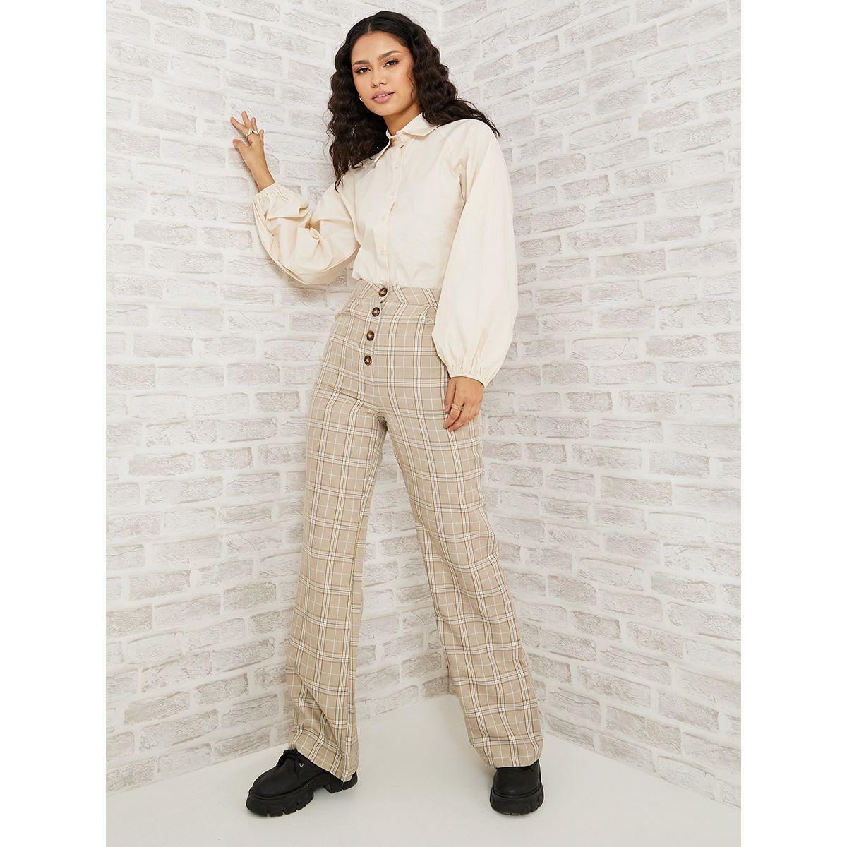 Styli Checked Plaid Button-Fly Detail Wide Leg Trouser-women-clothing-bottoms-trousers-image-2
