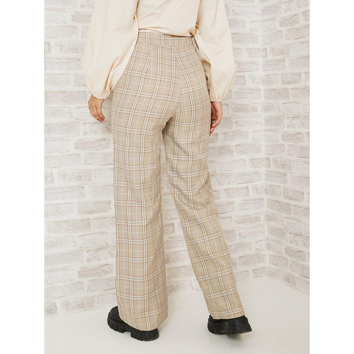 Styli Checked Plaid Button-Fly Detail Wide Leg Trouser-women-clothing-bottoms-trousers-image-4