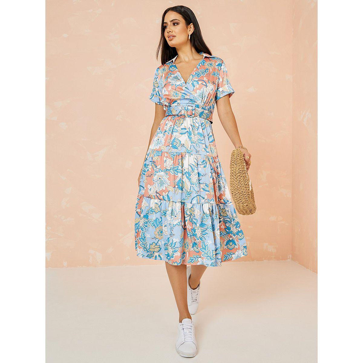 Styli Short Sleeves Floral Print Tiered Midi Dress with Belt-women-clothing-dresses-image-1