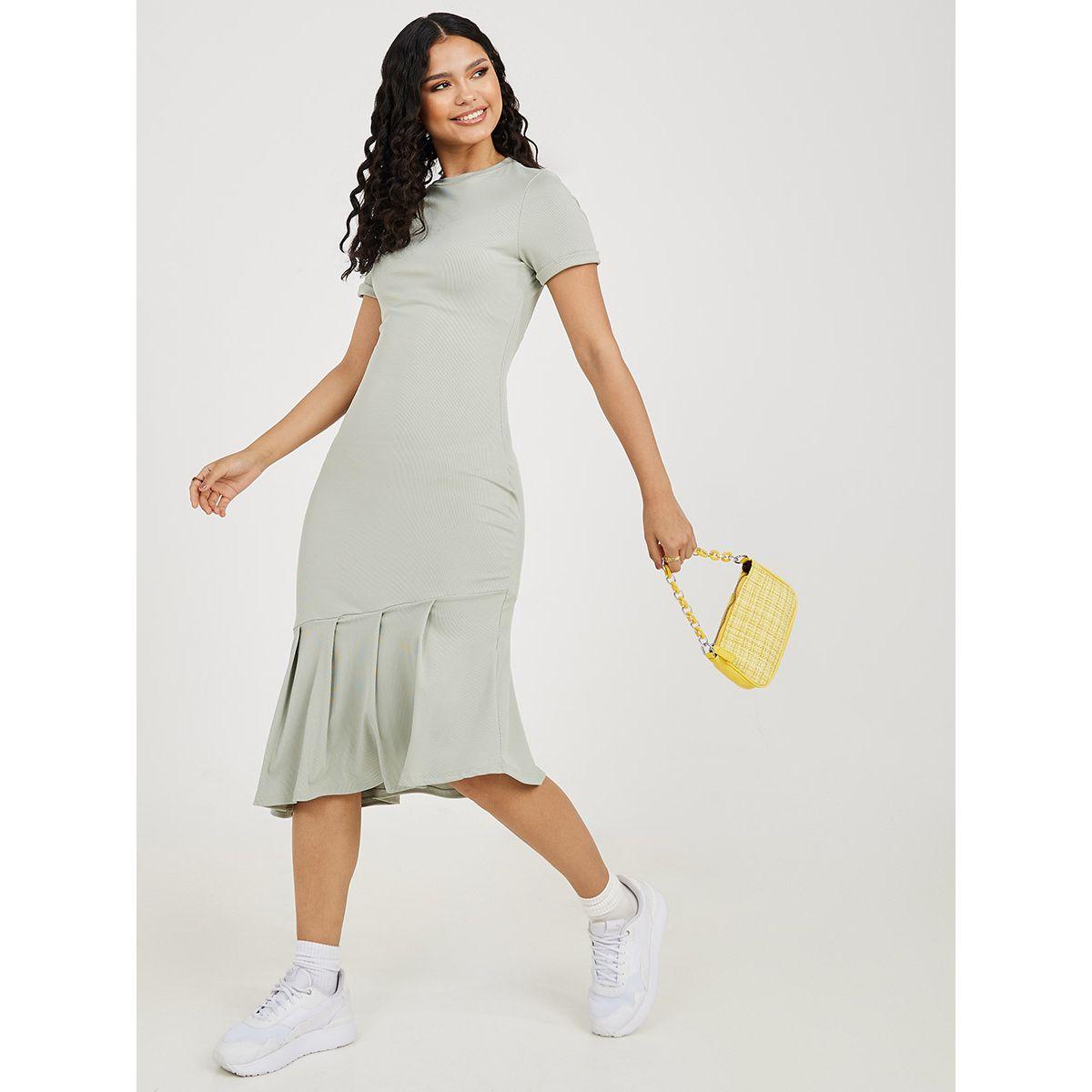 Styli Short Sleeves Frill Hem Ribbed Midi Dress-women-clothing-dresses-image-1