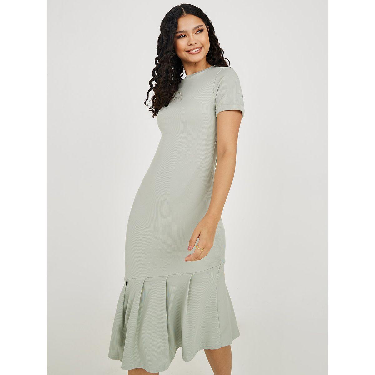 Styli Short Sleeves Frill Hem Ribbed Midi Dress-women-clothing-dresses-image-2