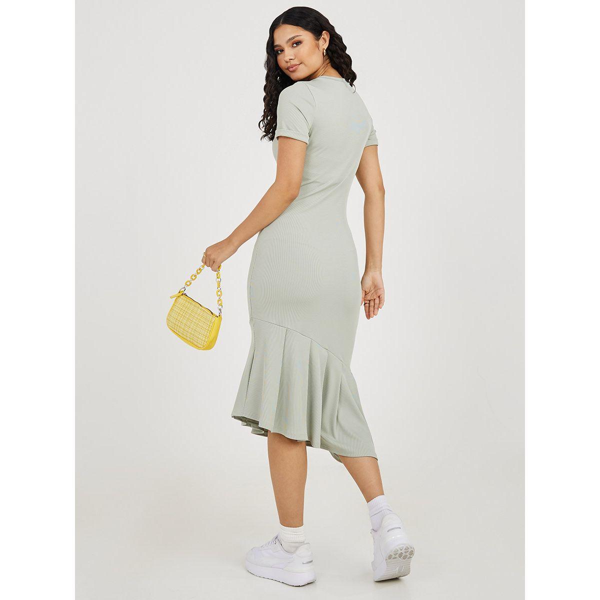 Styli Short Sleeves Frill Hem Ribbed Midi Dress-women-clothing-dresses-image-4