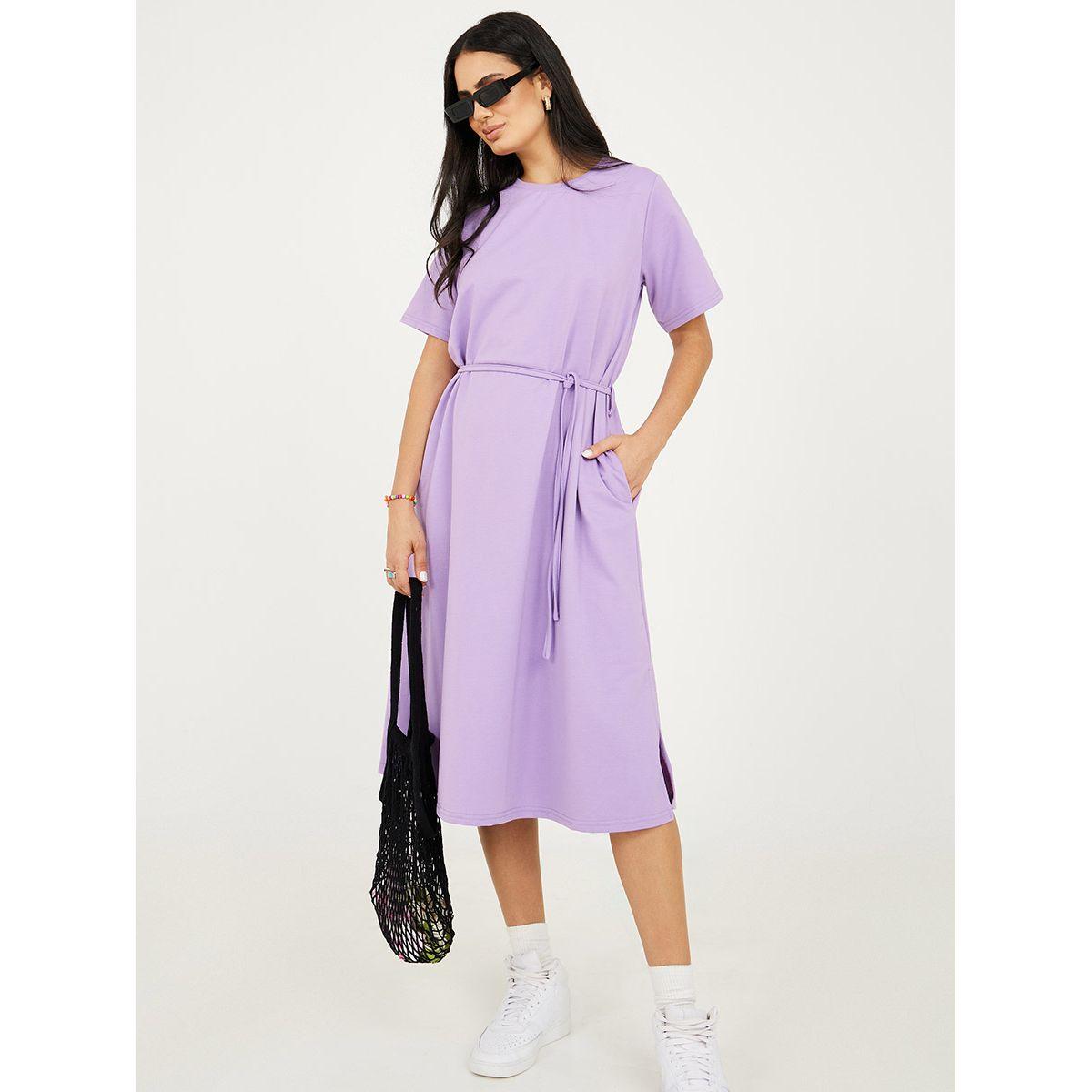 Styli Short Sleeves Knit T-shirt Midi Dress with Tie String Belt-women-clothing-dresses-image-2