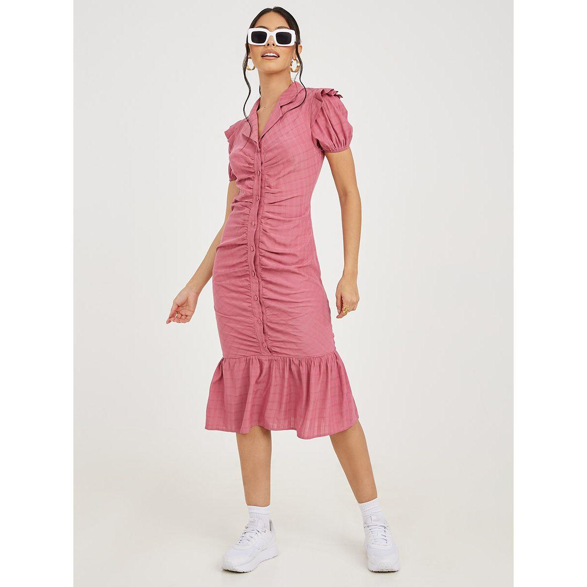 Styli Cuffed Sleeves Gathered Bodycon Midi Dress with Button Detail-women-clothing-dresses-image-1