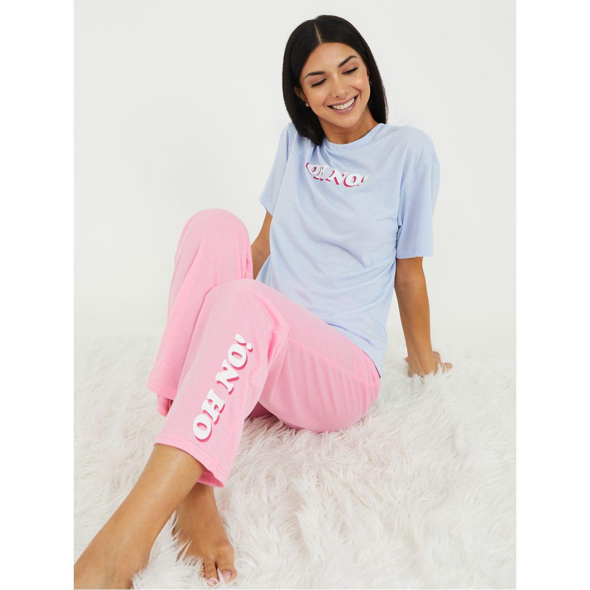 Styli Unwind Oh No Slogan Print T-shirt and Pyjama Set-women-clothing-nightwear-pyjamas-longsets-image-1