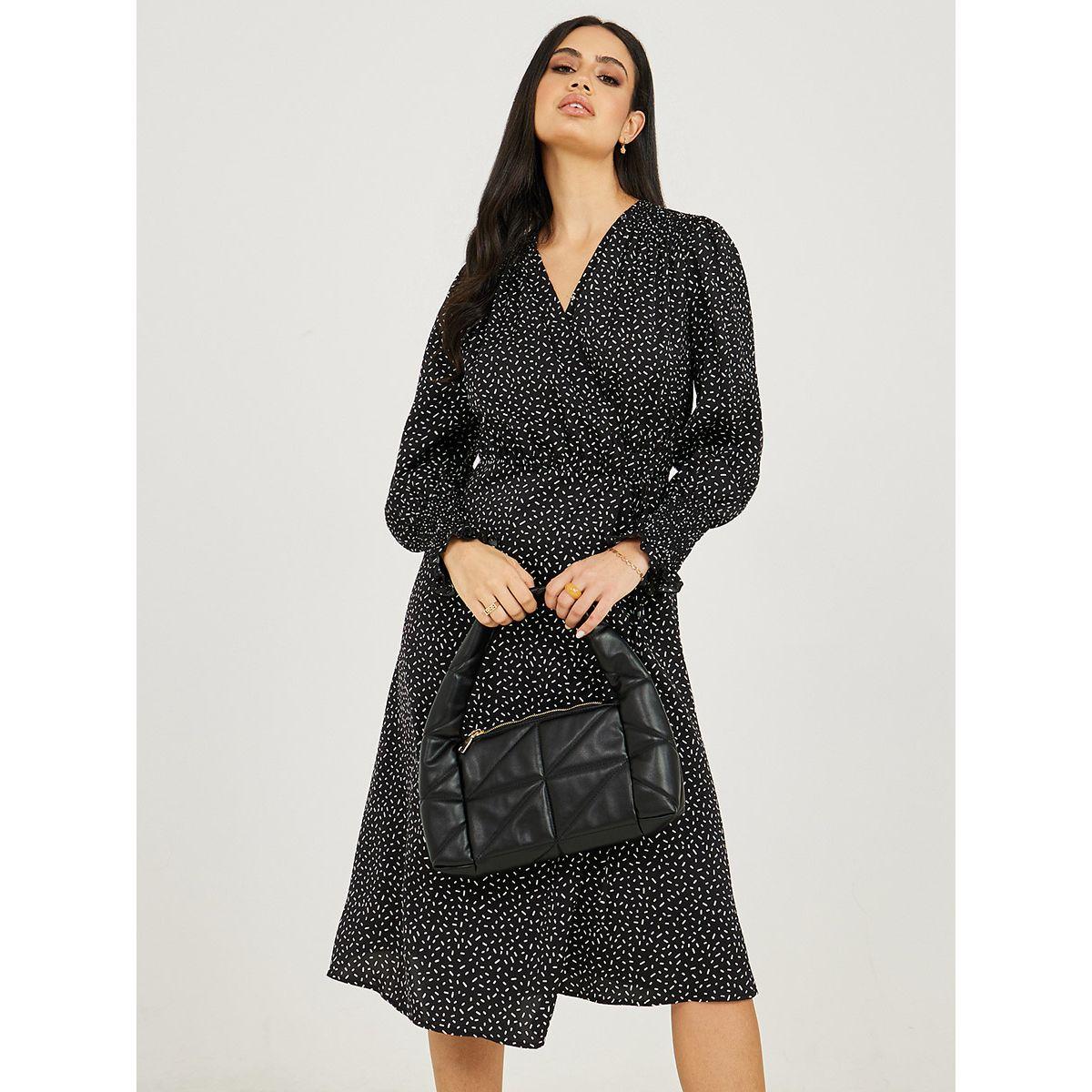 Styli Limited Cuffed Volume Sleeves Ditsy Print Wrap Midi Dress-women-clothing-dresses-image-1