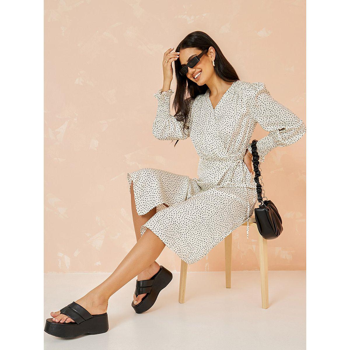 Styli Limited Cuffed Volume Sleeves Ditsy Print Wrap Midi Dress-women-clothing-dresses-image-1