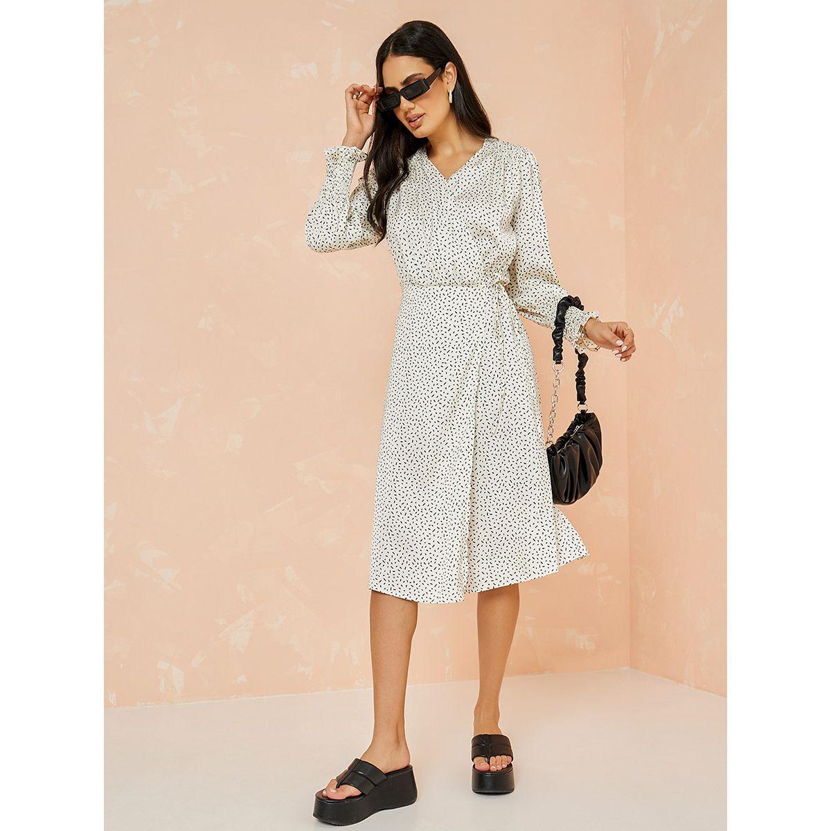Styli Limited Cuffed Volume Sleeves Ditsy Print Wrap Midi Dress-women-clothing-dresses-image-2