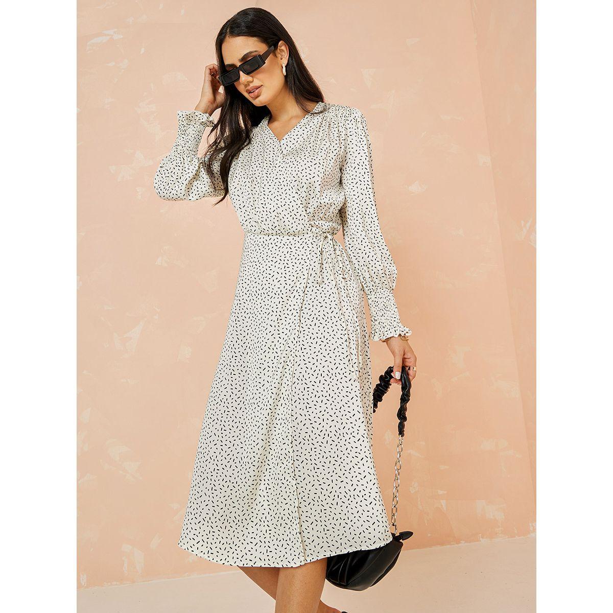Styli Limited Cuffed Volume Sleeves Ditsy Print Wrap Midi Dress-women-clothing-dresses-image-3