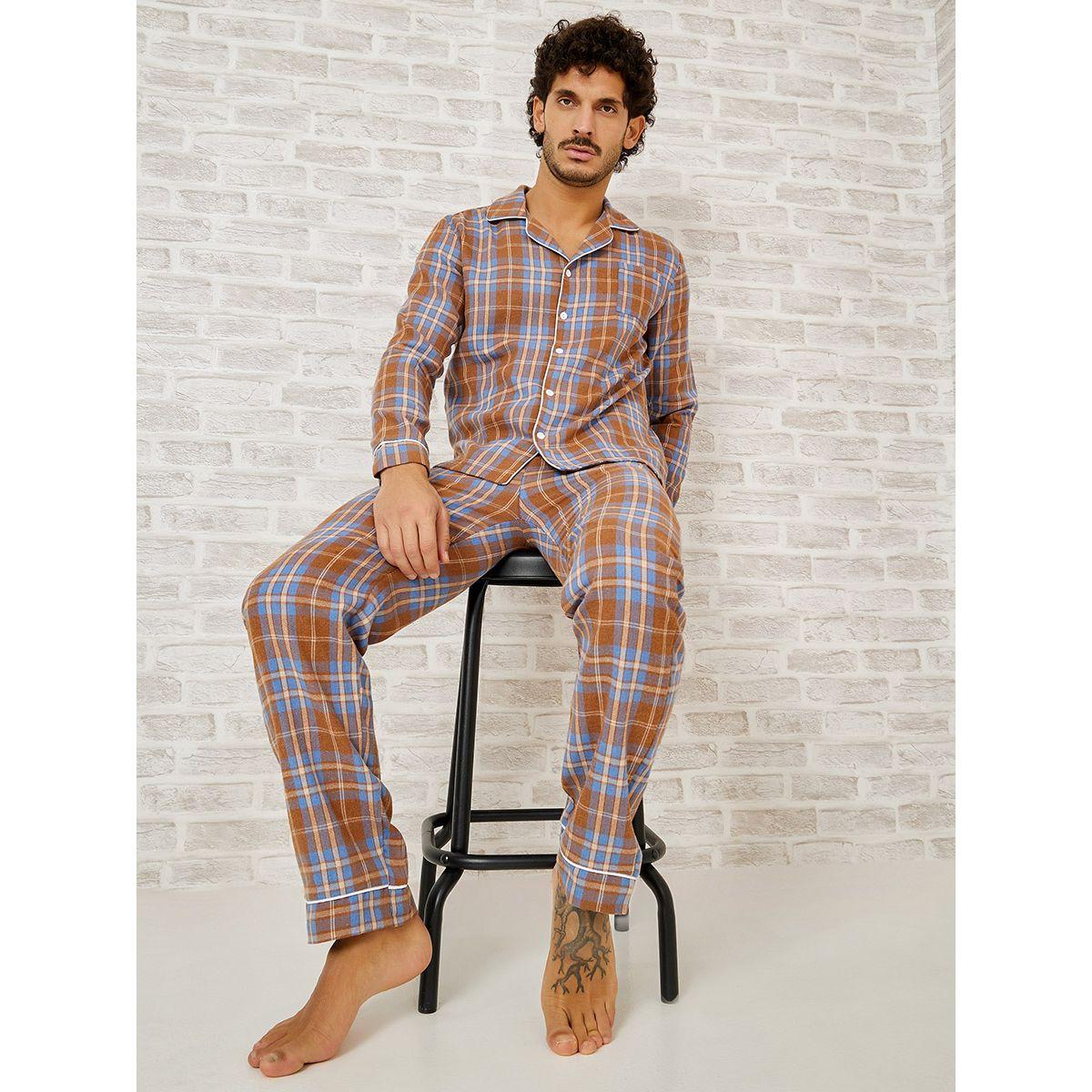 Styli Unwind Long Sleeves Checkered Print Shirt and Pyjama Set-men-clothing-nightwear-sets-image-1