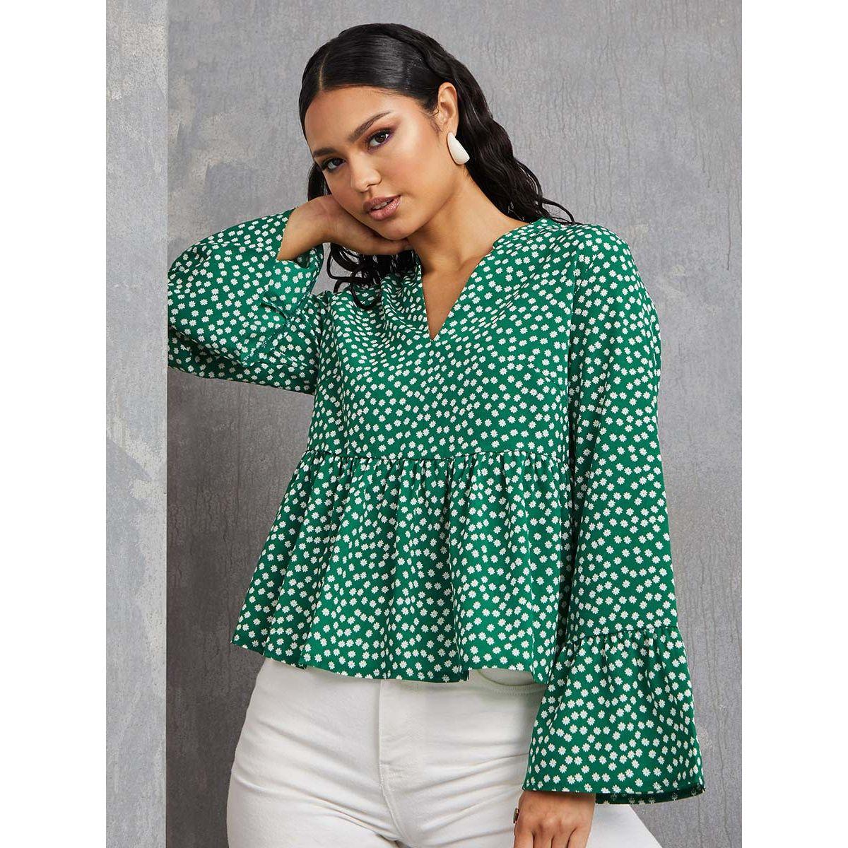 Styli Flute Sleeves Polka Dot Print Peplum Blouse-women-clothing-shirtsandblouses-blouses-image-1