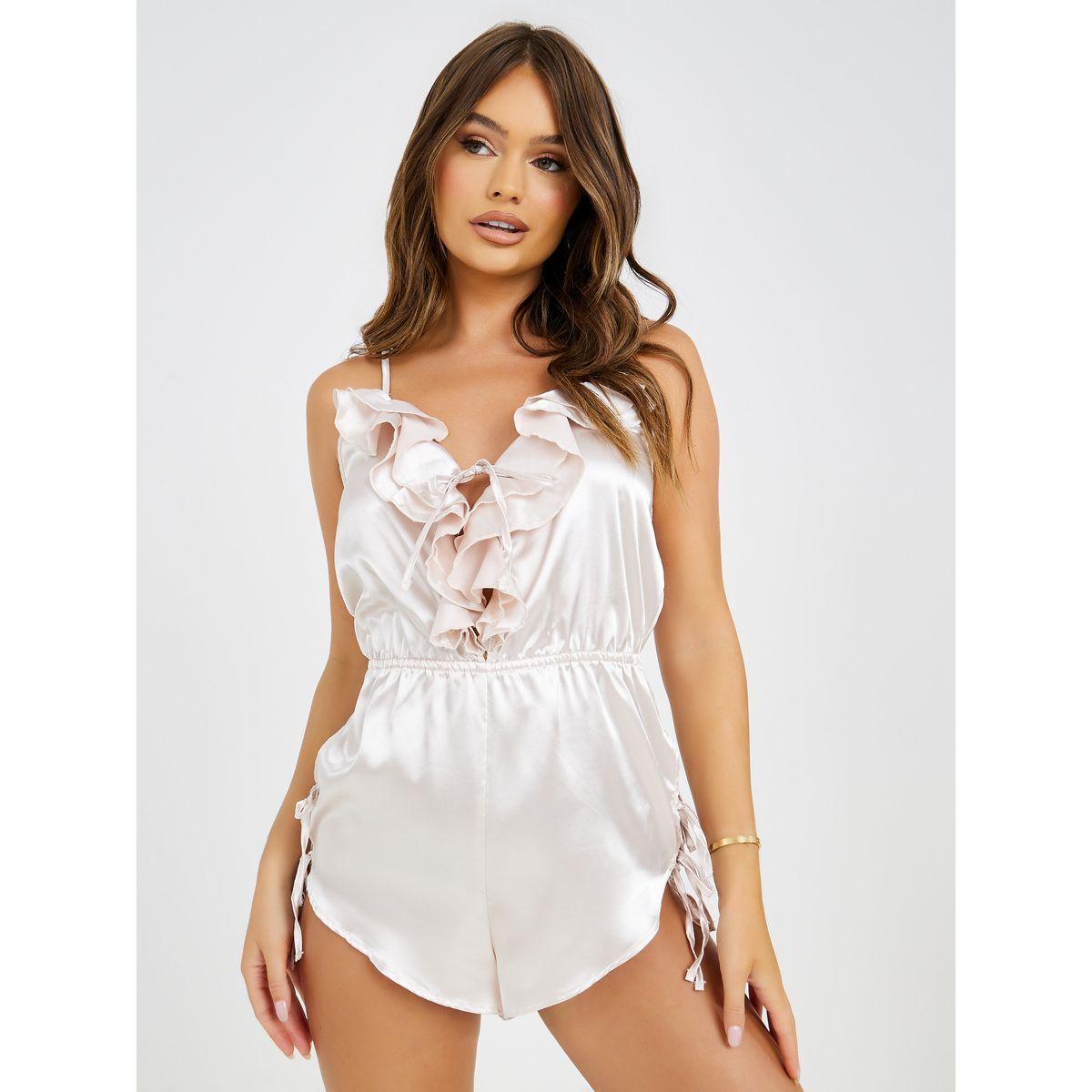 Styli Side Tie Detail Ruffle V Neck Satin Teddy  -women-clothing-lingerie-corsets-image-2