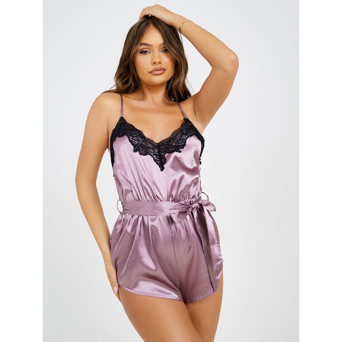 Styli Contrast Lace Trim V Neck Satin Teddy with Waist Tie Up -women-clothing-lingerie-corsets-image-1