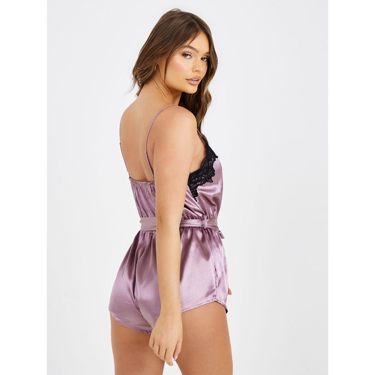 Styli Contrast Lace Trim V Neck Satin Teddy with Waist Tie Up -women-clothing-lingerie-corsets-image-3