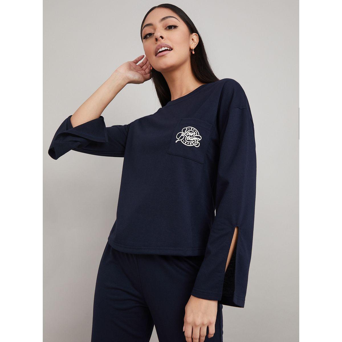 Styli Unwind Side Split Detail Slogan Pocket Print T-shirt and Trouser Lounge Set-women-clothing-coordsets-image-2