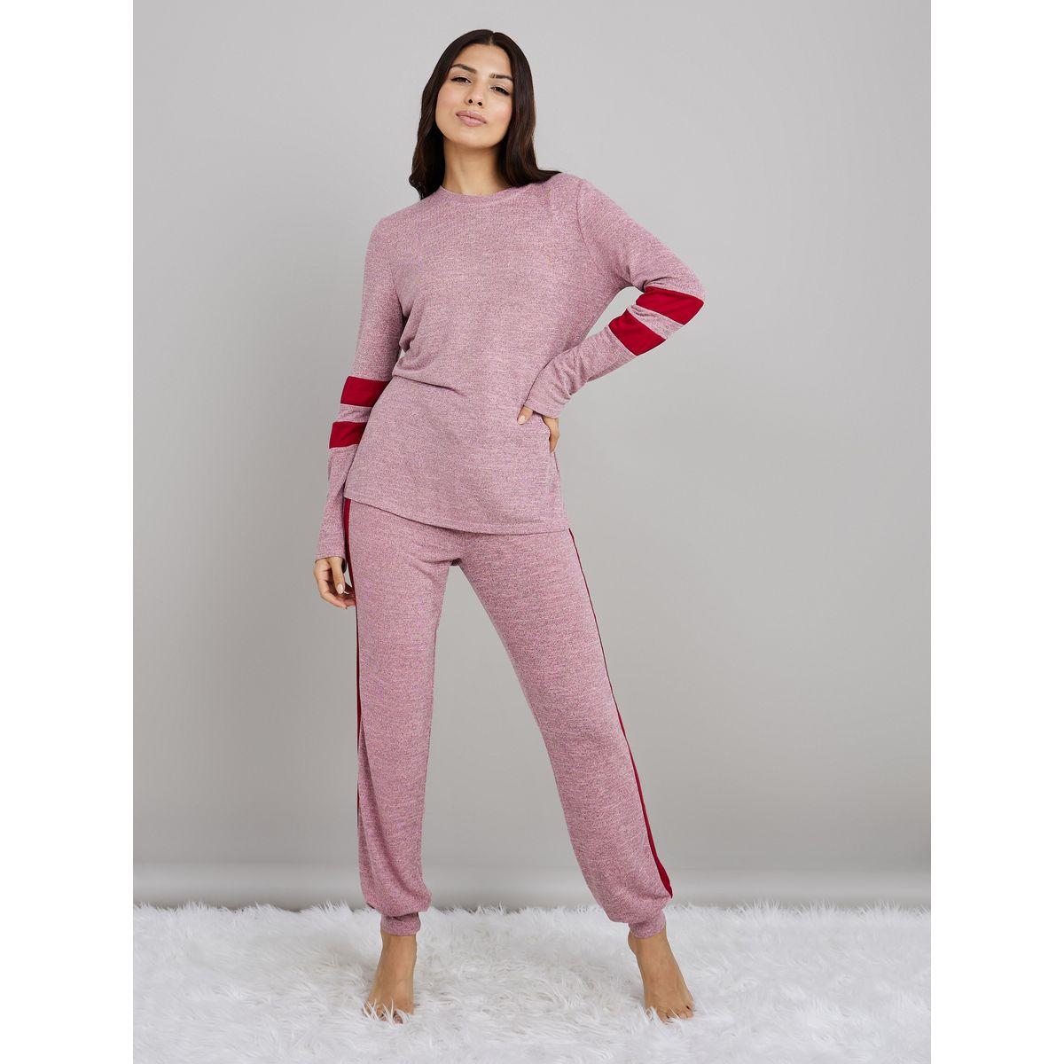Styli Unwind Melange Knit Contrast Double Stripe Sleeve Insert and Jogger Lounge Set-women-clothing-coordsets-image-1