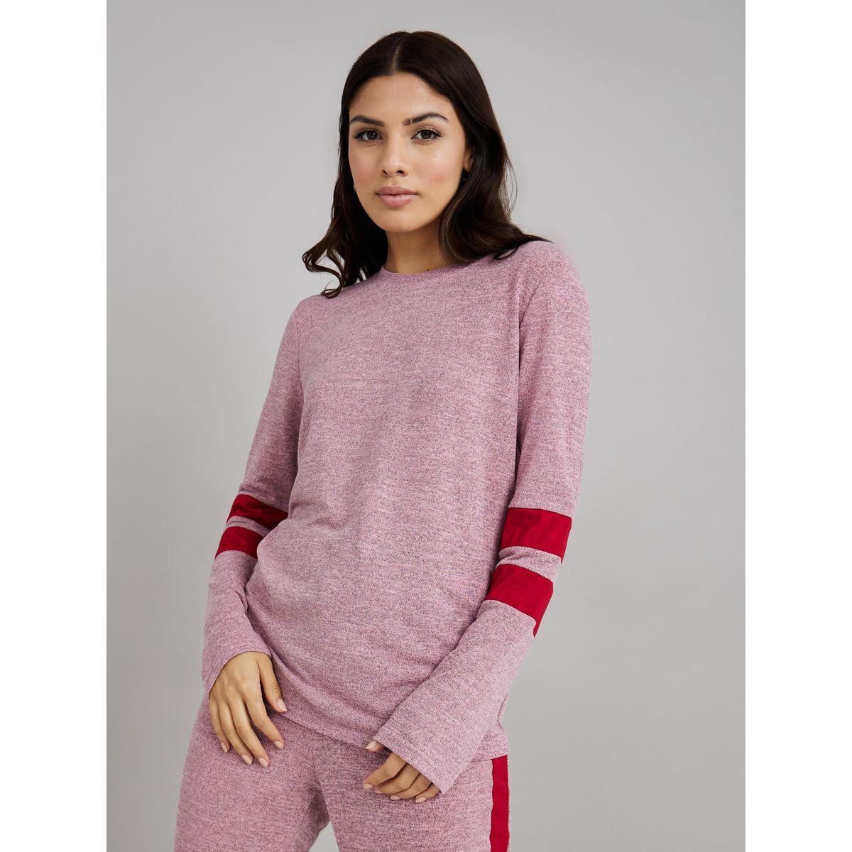 Styli Unwind Melange Knit Contrast Double Stripe Sleeve Insert and Jogger Lounge Set-women-clothing-coordsets-image-2