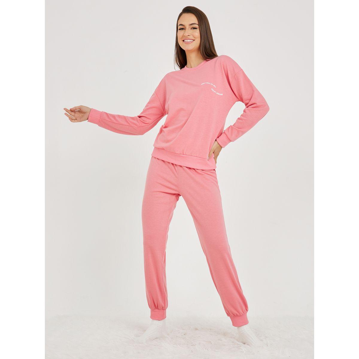 Styli Unwind Drop Shoulder Slogan Print Sweatshirt and Jogger Lounge Set-women-clothing-coordsets-image-2