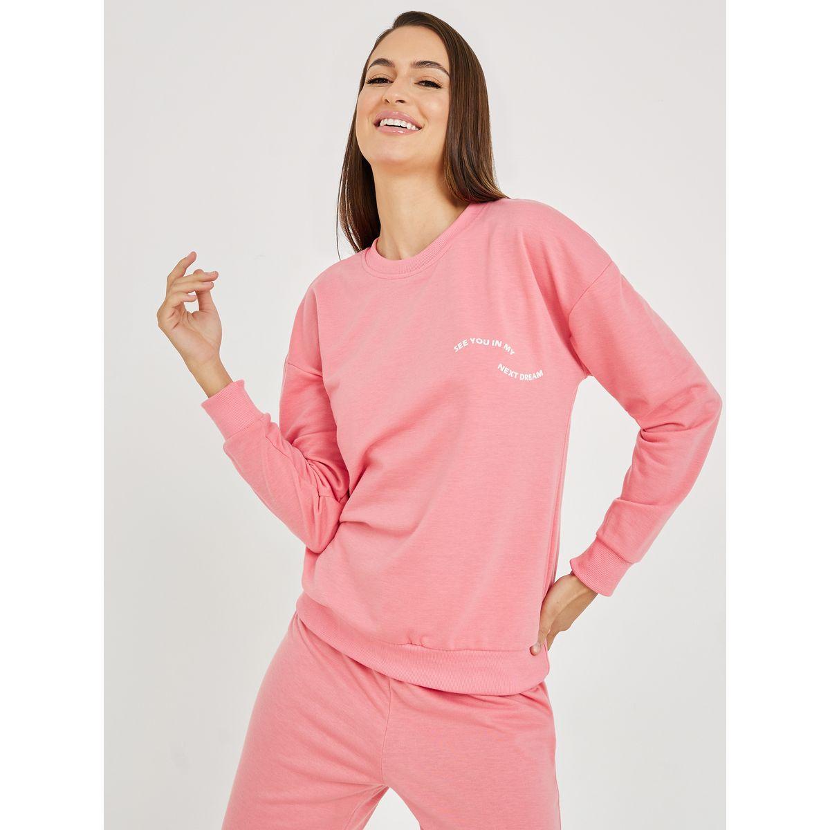 Styli Unwind Drop Shoulder Slogan Print Sweatshirt and Jogger Lounge Set-women-clothing-coordsets-image-3