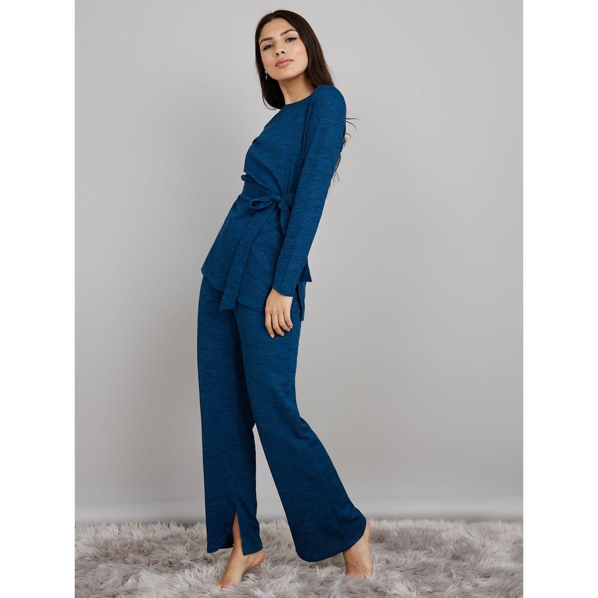 Styli Unwind Melange Long Sleeves Waist Tie Up Top and Split Hem Trouser Lounge Set-women-clothing-coordsets-image-1