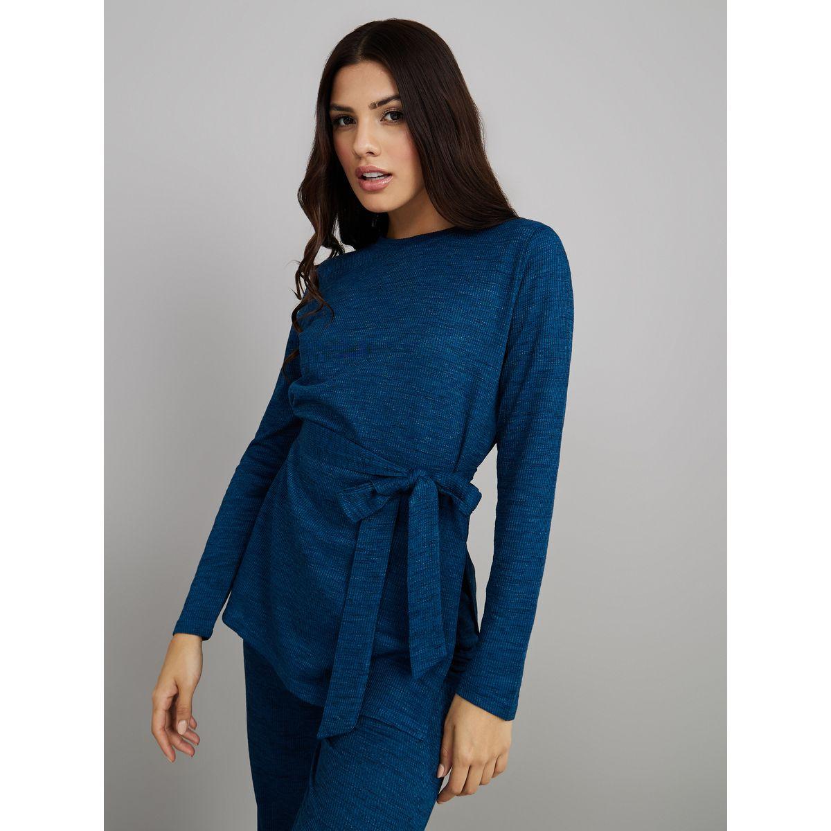 Styli Unwind Melange Long Sleeves Waist Tie Up Top and Split Hem Trouser Lounge Set-women-clothing-coordsets-image-2
