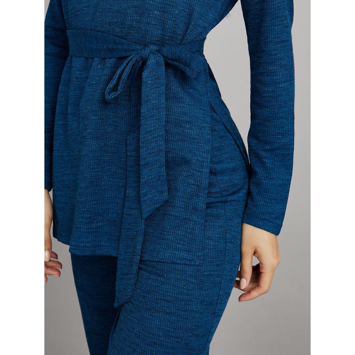 Styli Unwind Melange Long Sleeves Waist Tie Up Top and Split Hem Trouser Lounge Set-women-clothing-coordsets-image-3