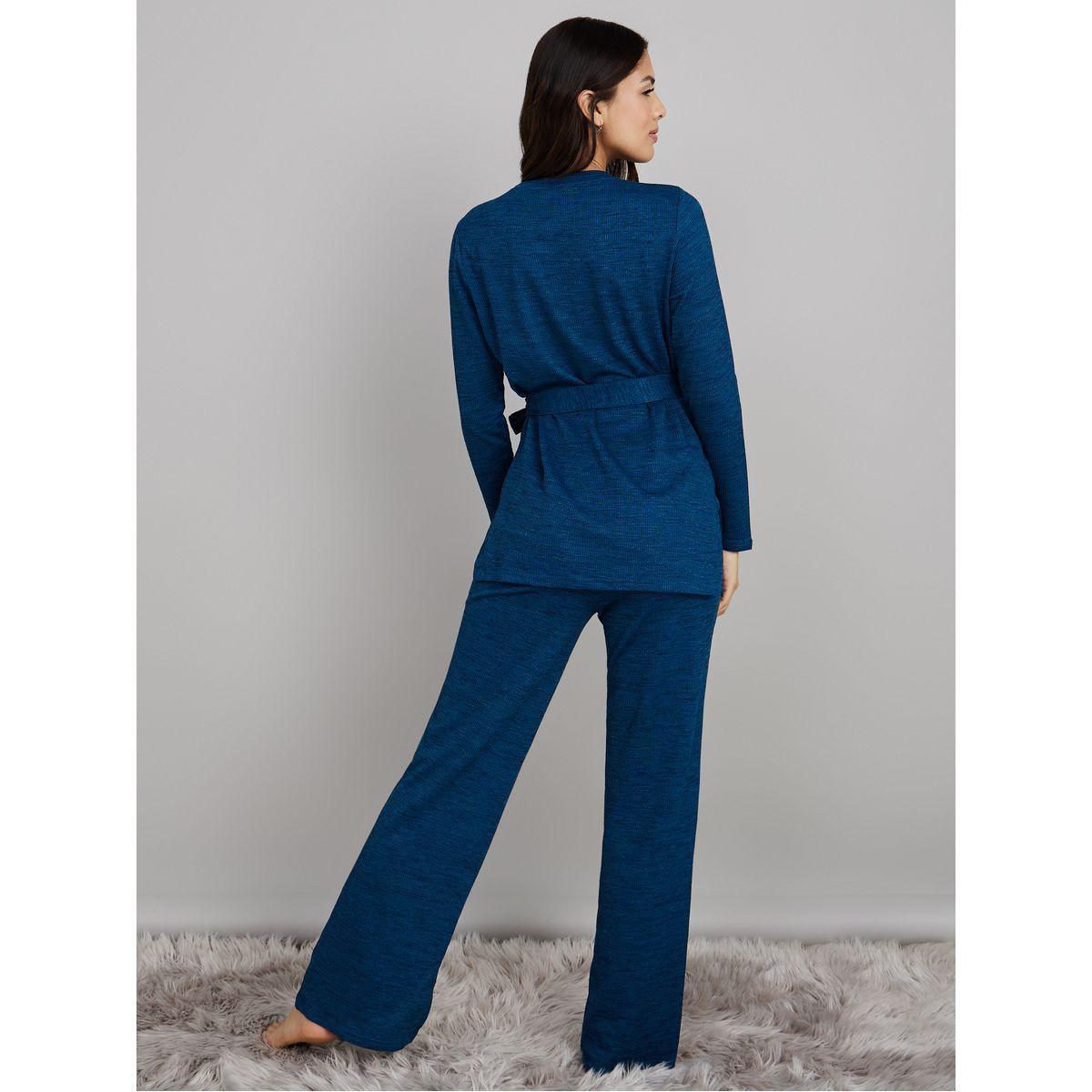 Styli Unwind Melange Long Sleeves Waist Tie Up Top and Split Hem Trouser Lounge Set-women-clothing-coordsets-image-5