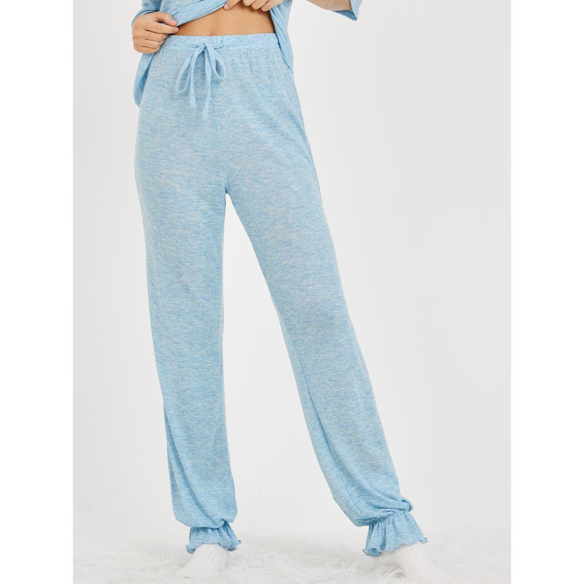 Styli Unwind Drop Ruffle Shoulder T-shirt and Ruffle Cuff Hem Trouser Lounge Set-women-clothing-coordsets-image-4