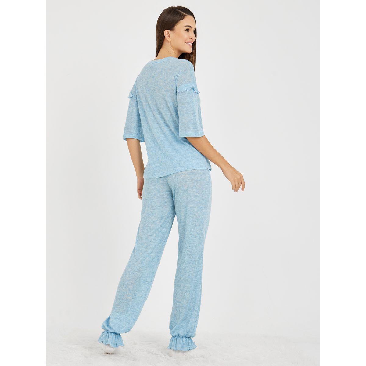 Styli Unwind Drop Ruffle Shoulder T-shirt and Ruffle Cuff Hem Trouser Lounge Set-women-clothing-coordsets-image-5