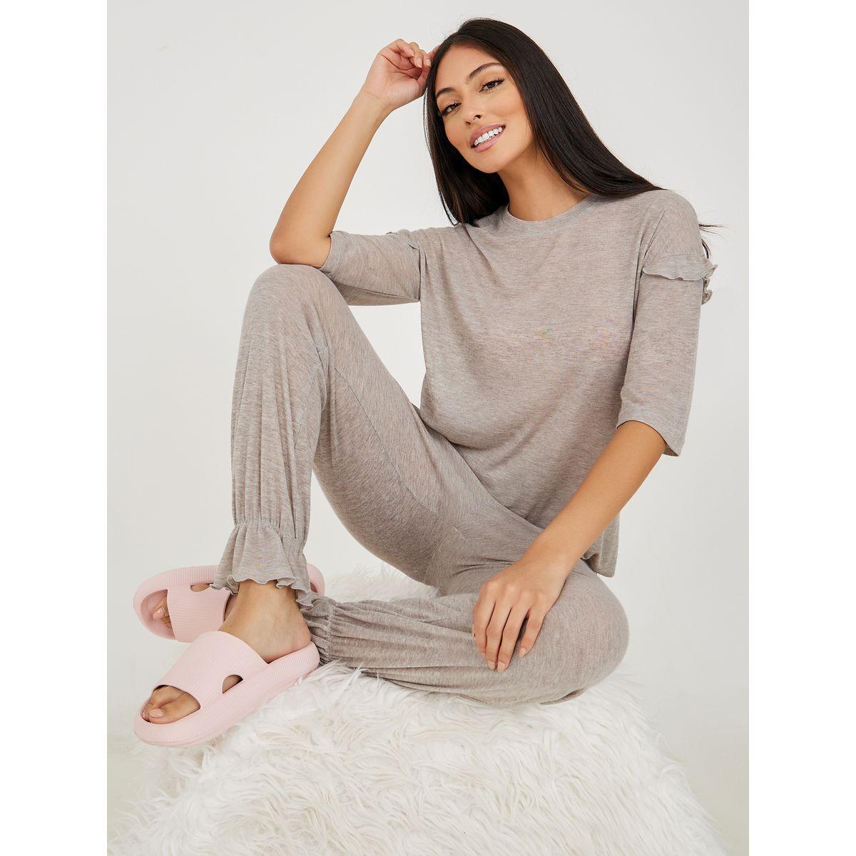 Styli Unwind Drop Ruffle Shoulder T-shirt and Ruffle Cuff Hem Trouser Lounge Set-women-clothing-coordsets-image-1