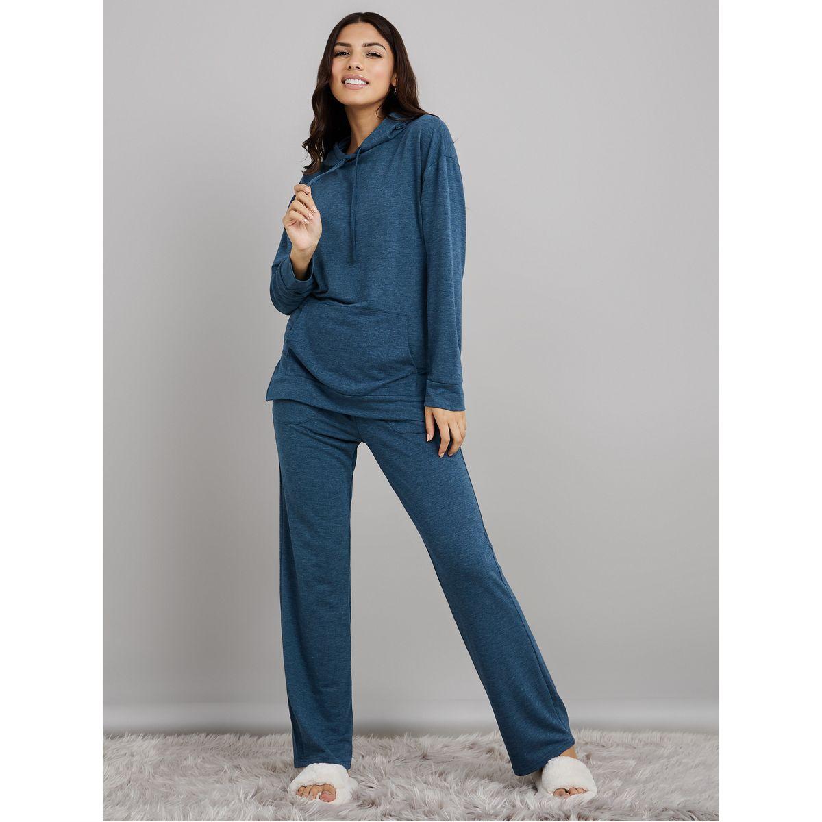 Styli Unwind Melange Kangaroo Pocket Detail Hoodie and Deep Raw Edge Pocket Trouser Lounge Set-women-clothing-coordsets-image-1