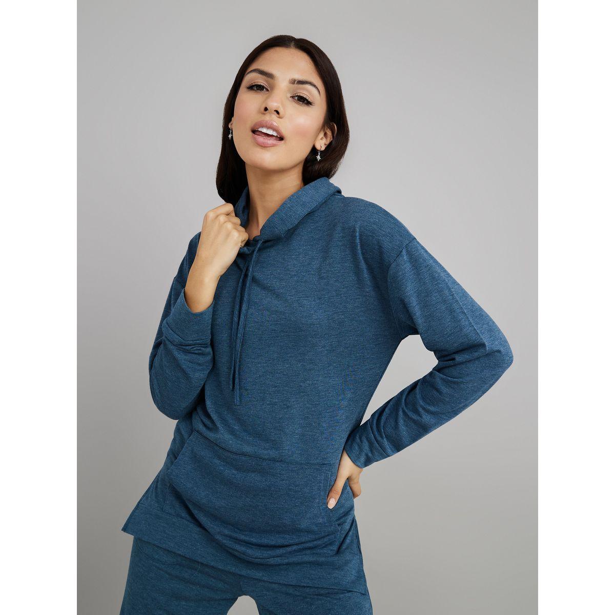 Styli Unwind Melange Kangaroo Pocket Detail Hoodie and Deep Raw Edge Pocket Trouser Lounge Set-women-clothing-coordsets-image-2