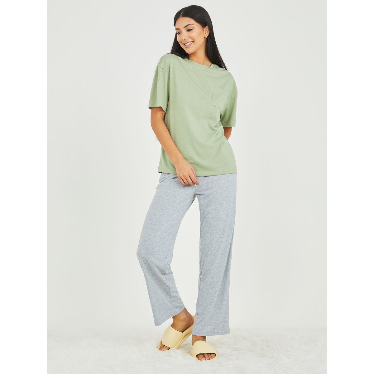 Styli Unwind Solid Pocket Detail T-shirt and Pyjama Set-women-clothing-nightwear-pyjamas-longsets-image-1