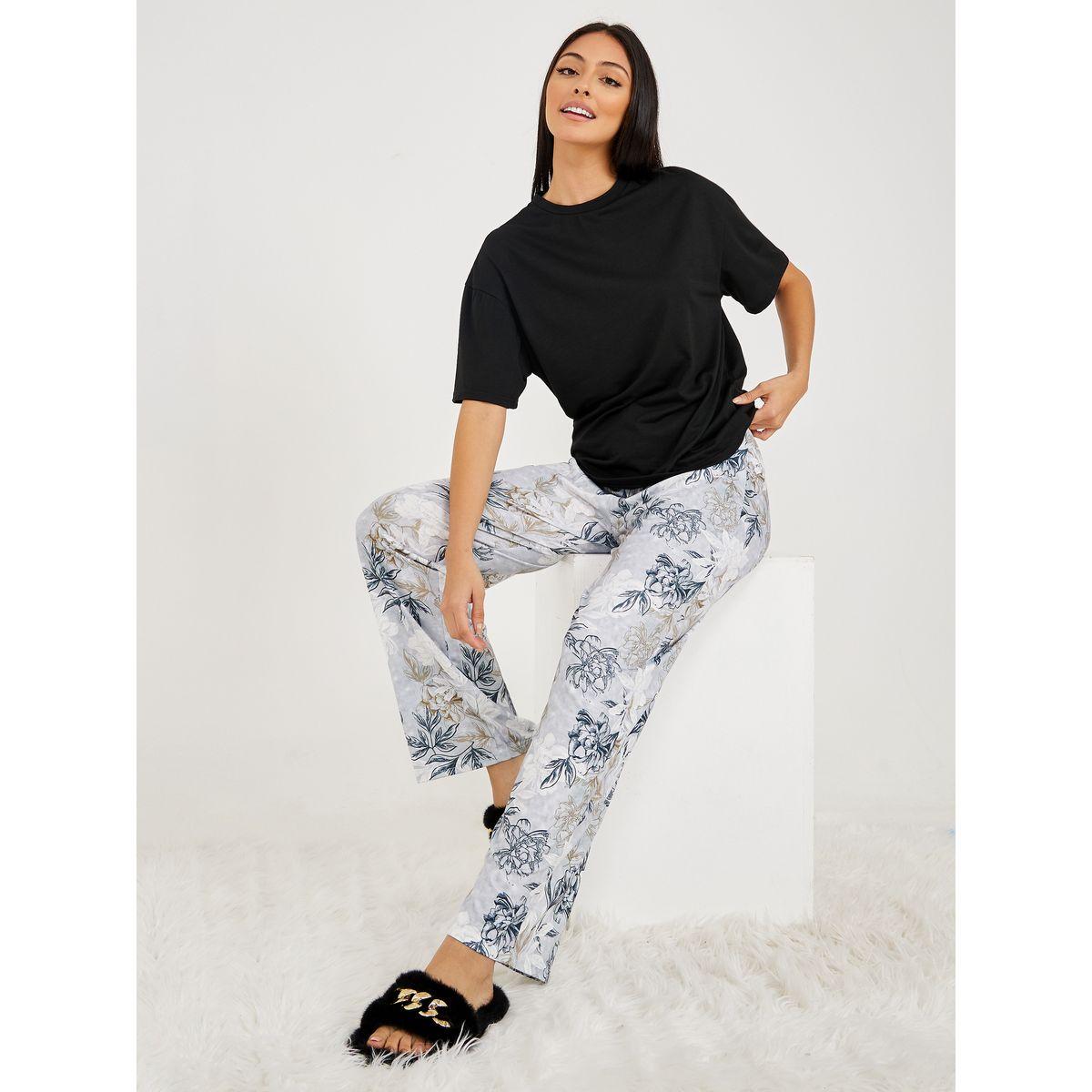 Styli Unwind Solid T-shirt and Floral Print Pyjama Set-women-clothing-nightwear-pyjamas-longsets-image-1