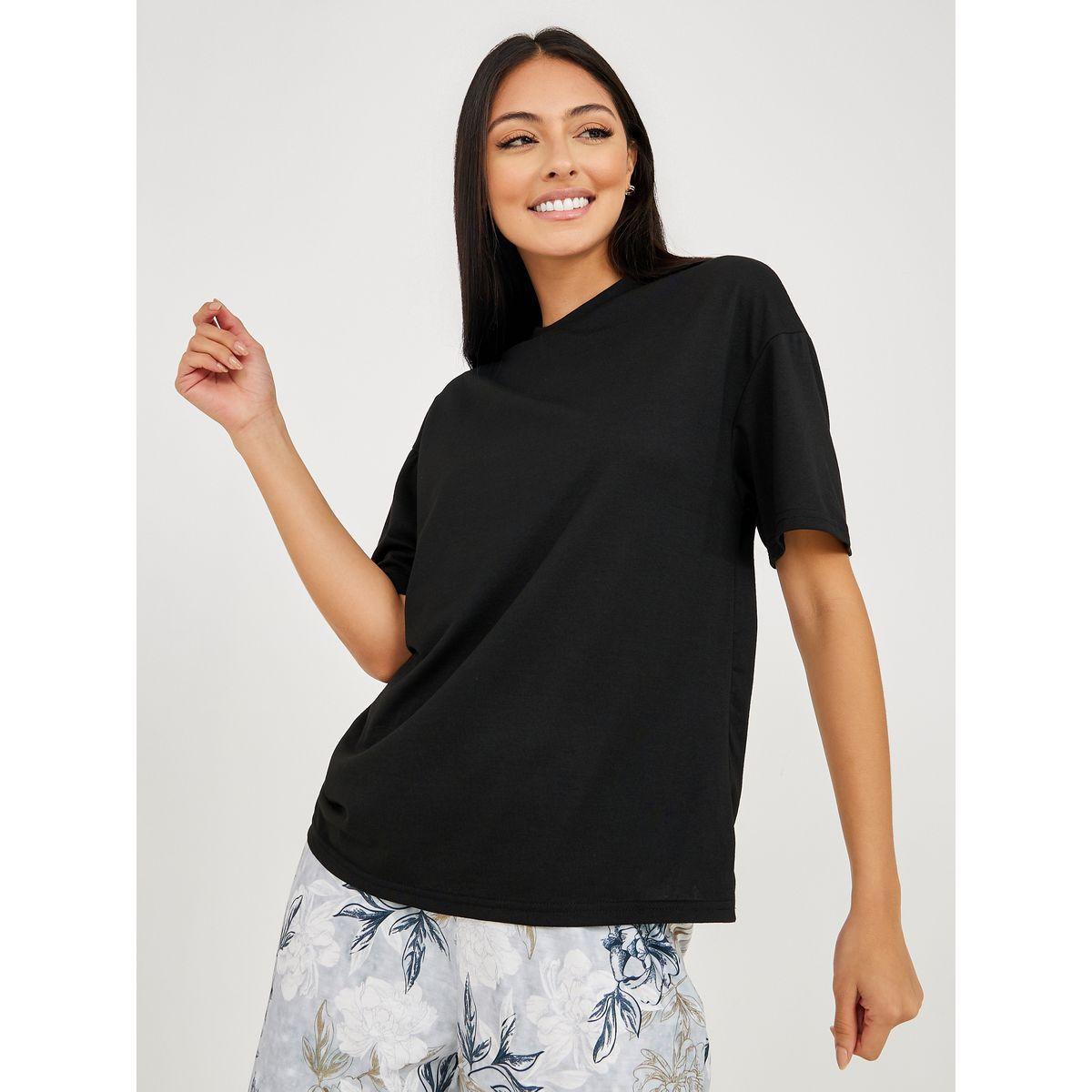 Styli Unwind Solid T-shirt and Floral Print Pyjama Set-women-clothing-nightwear-pyjamas-longsets-image-3