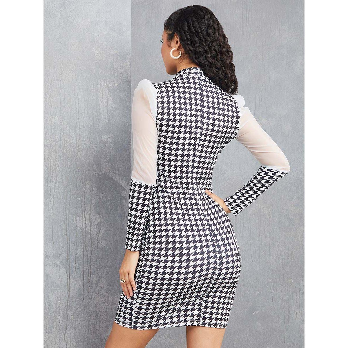 Styli Long Sleeves High Neck Houndstooth Mini Dress-women-clothing-dresses-image-4