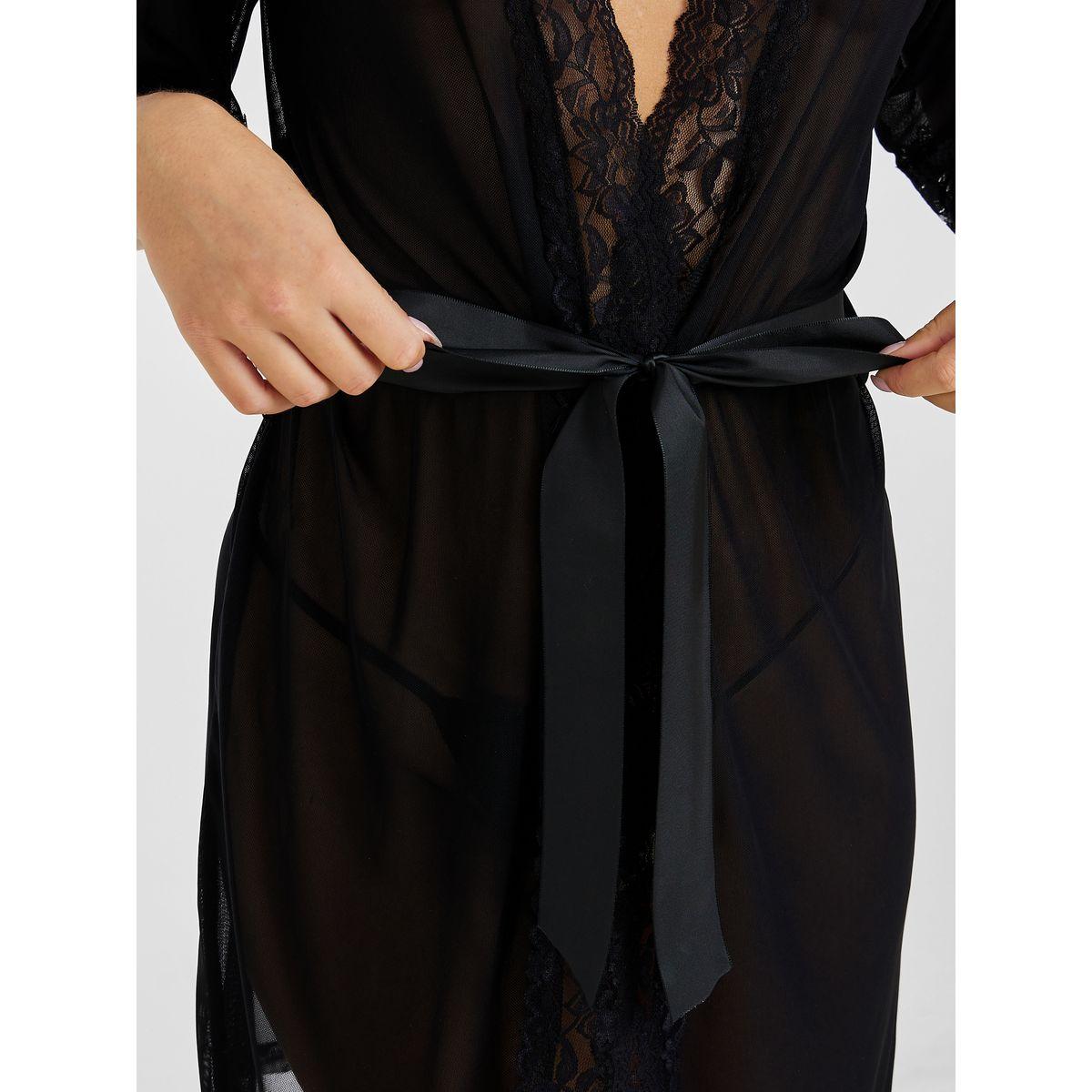 Styli Lace Trim Short Sleeves Mesh Babydoll with Satin Tie Front-women-clothing-lingerie-babydollsandbodysuits-image-2