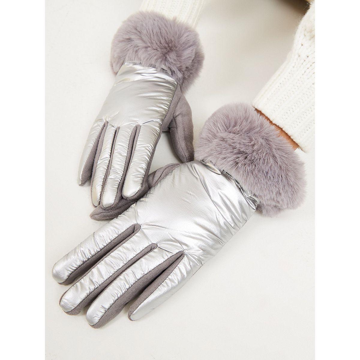Styli Faux Fur Detail Metallic Winter Gloves-women-winterwear-gloves-image-1
