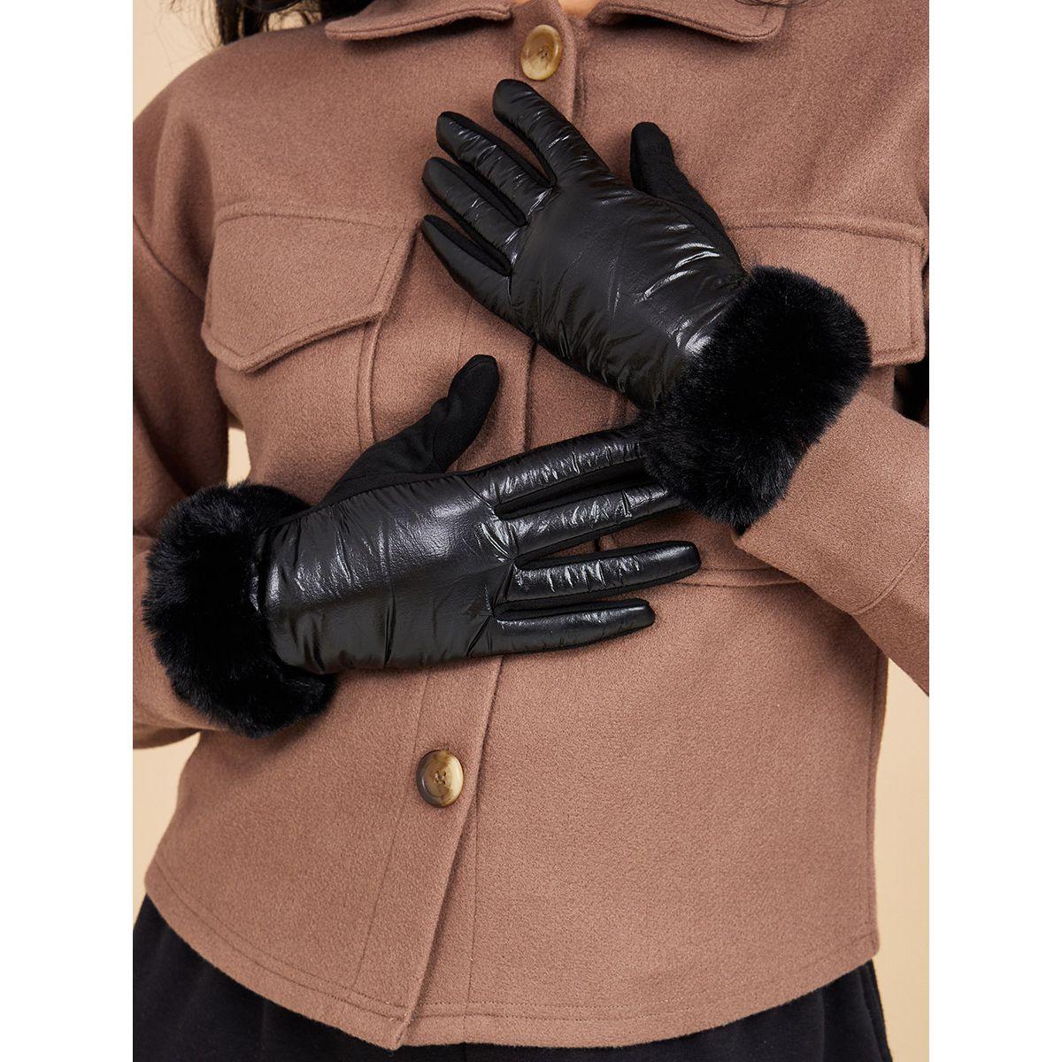 Styli Faux Fur Detail Metallic Winter Gloves-women-winterwear-gloves-image-1