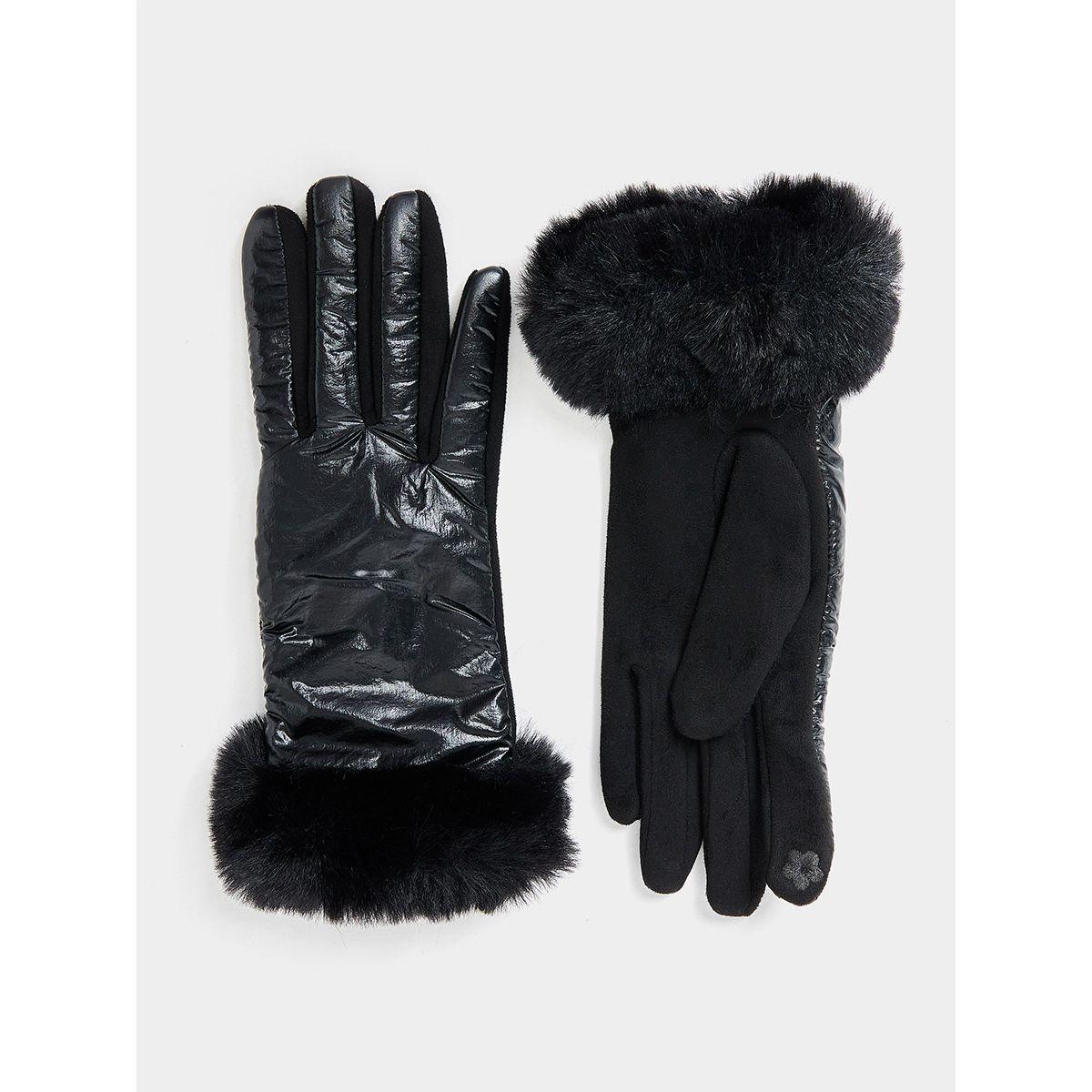Styli Faux Fur Detail Metallic Winter Gloves-women-winterwear-gloves-image-2