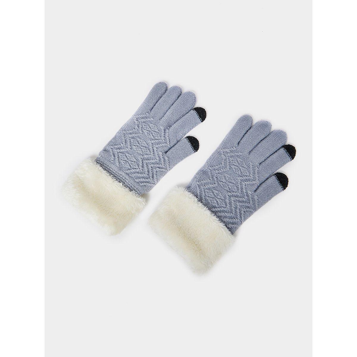Styli Faux Fur Detail Patterned Winter Gloves-women-winterwear-gloves-image-1