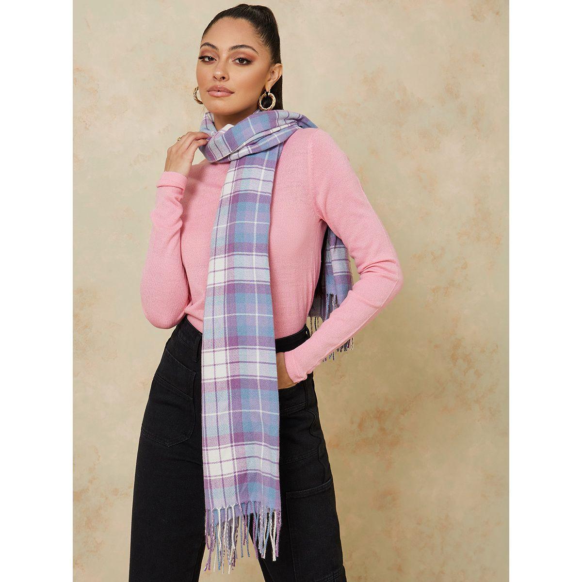 Styli Check Pattern Frayed Edge Scarf-women-winterwear-scarves-image-2
