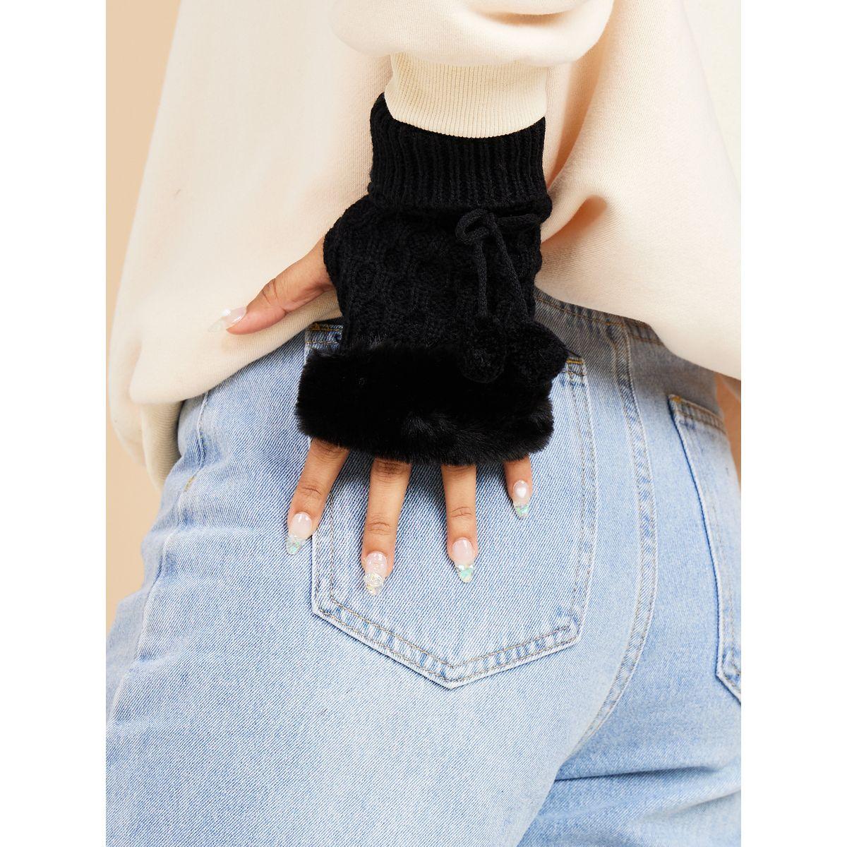 Styli Ribbed Open Finger Arm Warmer with Faux Fur-women-winterwear-gloves-image-1
