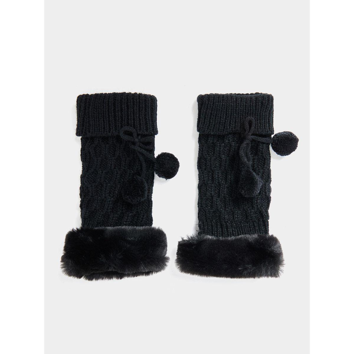 Styli Ribbed Open Finger Arm Warmer with Faux Fur-women-winterwear-gloves-image-2