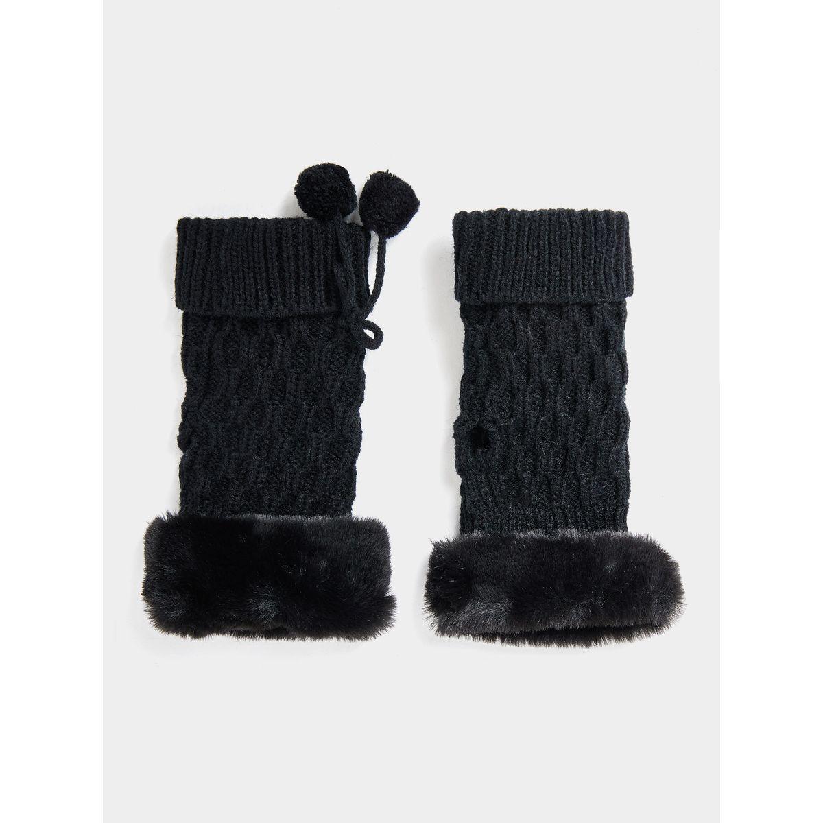 Styli Ribbed Open Finger Arm Warmer with Faux Fur-women-winterwear-gloves-image-3