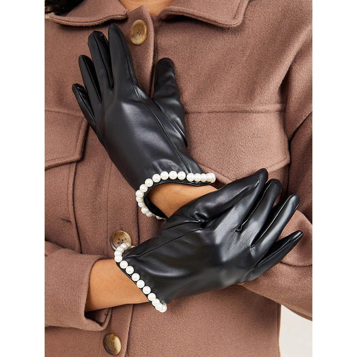 Styli Pearl Detail PU Winter Gloves-women-winterwear-gloves-image-1