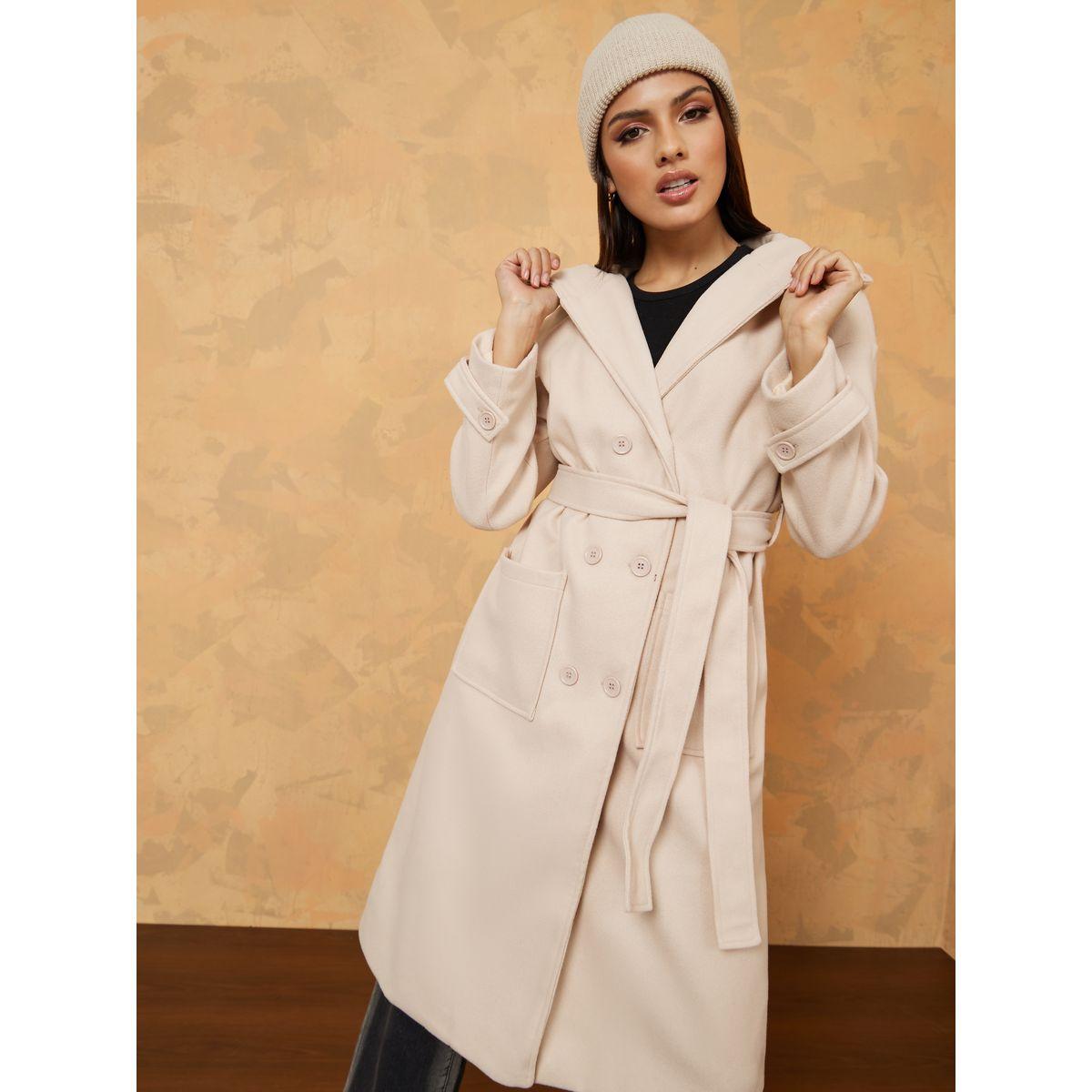 Styli Midi Length Regular Fit Wool Like Hooded Double Breasted Coat with Belt-women-winterwear-coatsandjackets-coats-image-3