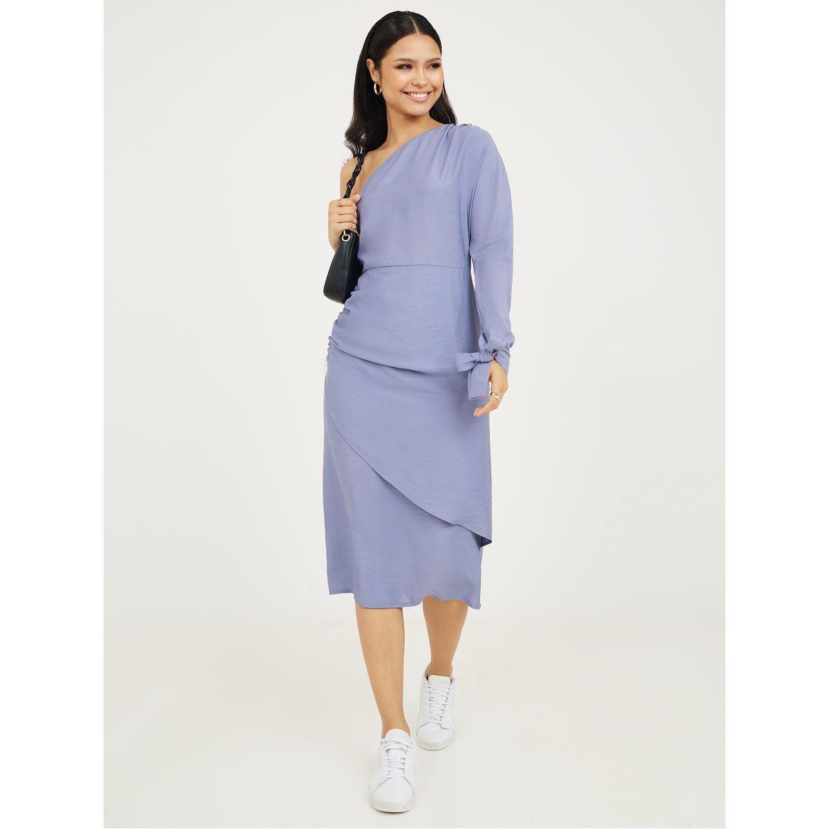 Styli One Shoulder Neck Sheath Midi Dress with Tie Cuff-women-clothing-dresses-image-1