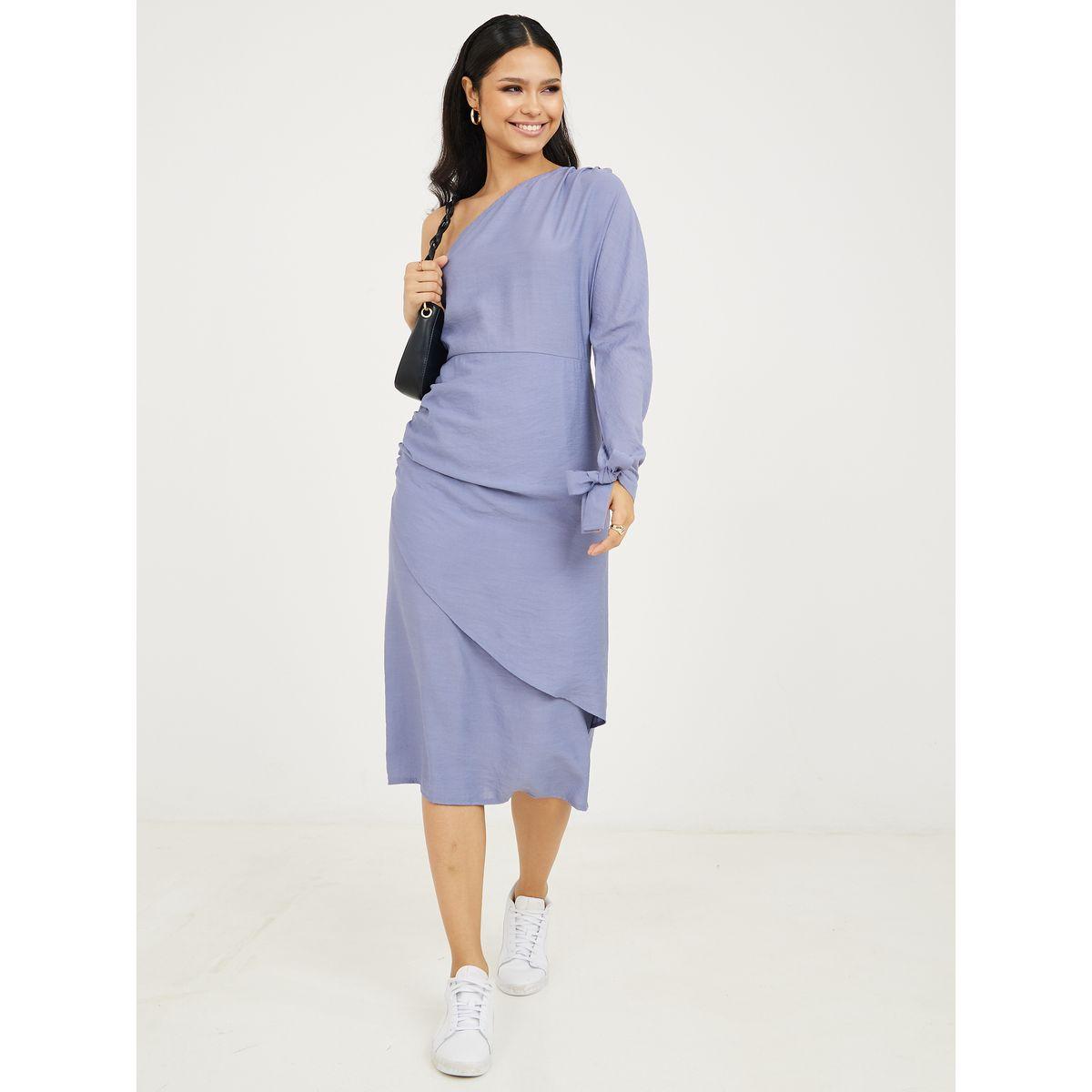 Styli One Shoulder Neck Sheath Midi Dress with Tie Cuff-women-clothing-dresses-image-2
